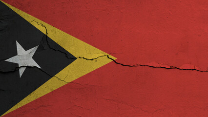 Timor Leste flag on cracked wall background, flag with crack line
