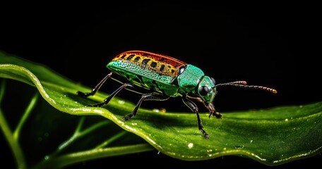 Fototapeta premium A vibrant green and red beetle perched on a leaf against a dark background.