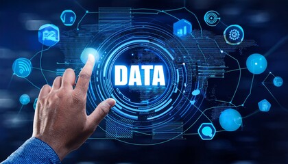 A hand interacts with a digital interface displaying DATA with surrounding icons.