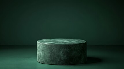 Cylindrical green podium with a minimalist look on a dark jade green background