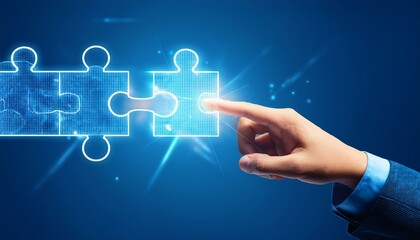 A hand touches a digital puzzle piece connecting to another on a blue background.