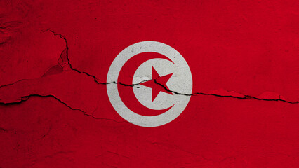 Tunisia flag on cracked wall background, flag with crack line