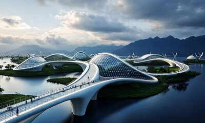 Futuristic architectural landscape with flowing structures and sustainable elements by a water body.