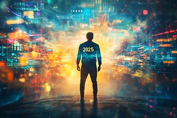 Man facing 2025 digital future.  Concept of innovation, technology, and progress.