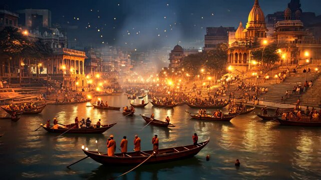 A view of the Ganges River in Varanasi, India, at night during Diwali. The river is illuminated by lights and floating diyas, while people travel in boats and on the riverbanks