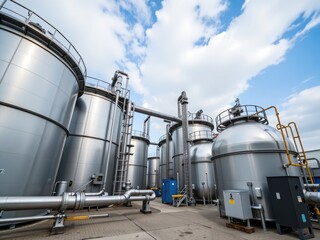 Obraz premium Industrial Storage Tanks Metal Vessels Outdoor Refinery Cloudy Sky