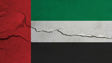 United Arab Emirates UAE flag on cracked wall background, flag with crack line