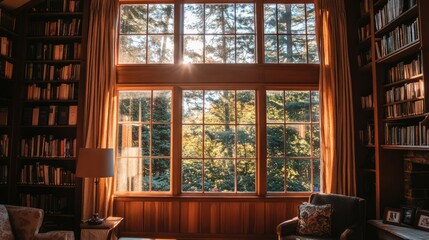 Sunlit library with large window overlooking lush forest.