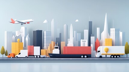 Obraz premium Colorful and Detailed Illustrative Cityscape with Commercial Transport Vehicles, Airplane, Shipping Container, and Urban Skylines in a Modern Metropolis Environment