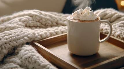 A cozy scene featuring a mug of hot chocolate topped with whipped cream, resting on a wooden tray, beside a warm knitted blanket.