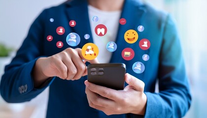 Hands are holding a smartphone with social media notification and reaction icons.