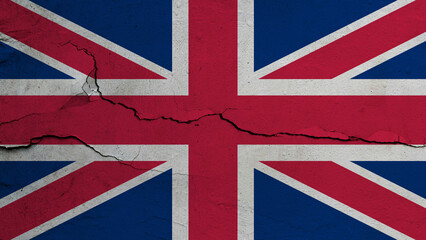 United Kingdom UK flag on cracked wall background, flag with crack line