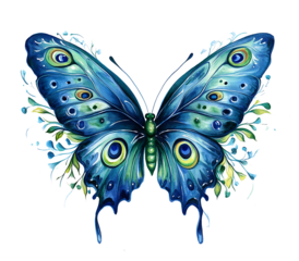 A beautiful tattoo of a butterfly with peacock on white background.PNG
