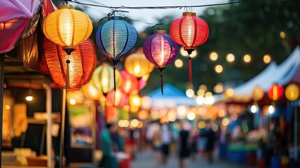 Fototapeta premium Colorful Illuminated Lanterns Hang Above Night Market Crowd