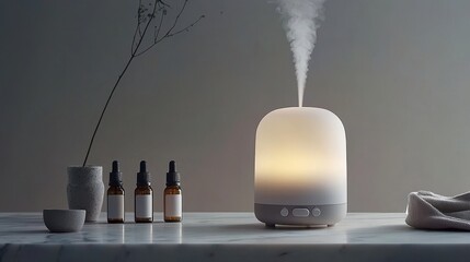 Sleek Modern Essential Oil Diffuser Emitting Gentle Mist on Marble Countertop