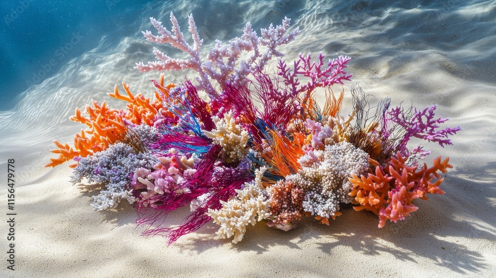 Aufkleber Vibrant coral design crafted from colorful nylon strings underwater setting artistic showcase ocean environment close-up view