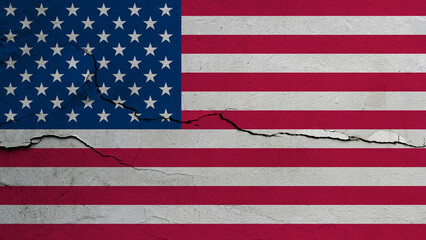 United States USA flag on cracked wall background, flag with crack line