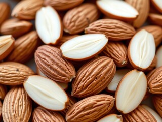 Obraz premium Healthy Almonds Nuts Food Snack Closeup Texture Brown White Kernels Seeds Pile Heap Macro Detail