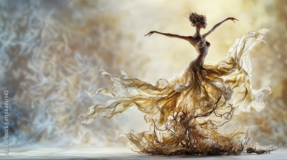Poster dynamic linen dancer sculpture captivates art enthusiasts in gallery fine art elegant atmosphere cre