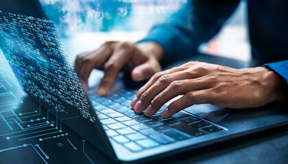 Hands type on a keyboard with digital code overlayed over them.