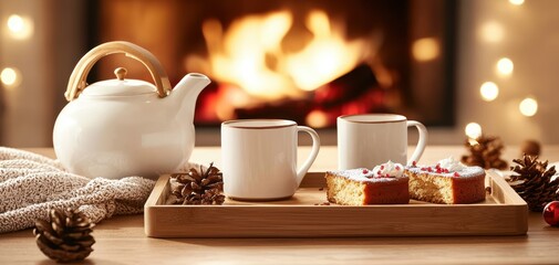 Fototapeta premium A cozy scene with a teapot, two mugs, and a dessert on a wooden tray, set against a warm fireplace backdrop.