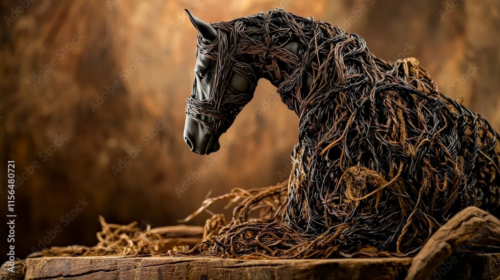 Poster unique leather cord horse silhouette artistic creation studio setting close-up view craftsmanship co