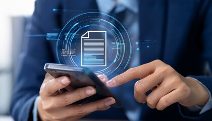 Hands use a smartphone with a digital document and signature overlay.