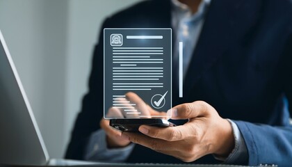 Hands use a smartphone with a digital document and signature overlay.