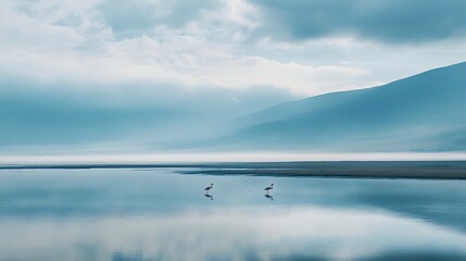 Serene Wide Shot Photo: Two Birds Gracefully Strolling Coastal Mist at Dawn. AI Generated