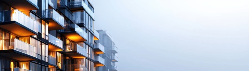 A modern apartment building illuminated at dusk, set against a misty backdrop, showcasing sleek architecture and a serene atmosphere.