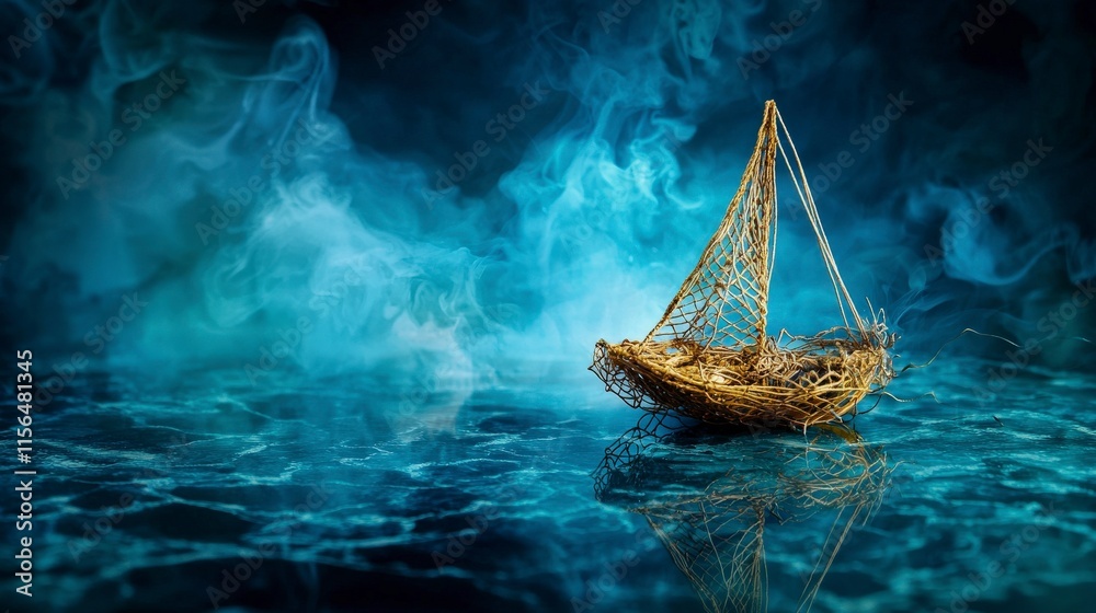 Aufkleber close-up view of intricate sailboat design in woven cords on calm waters ethereal artistic photograp