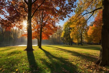 Naklejka premium A autumn landscape background with natural beauty fall scenery colourful fall leaves