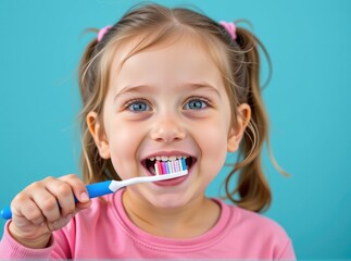 Happy Girl Brushing Teeth Oral Hygiene Child Dental Care Healthy Smile