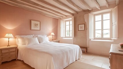 Rustic bedroom with exposed beams and white bedding