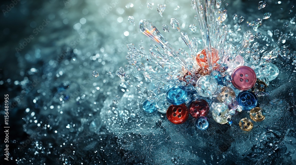 Poster Fountain-like arrangement of crystal buttons aesthetic display studio environment close-up colorful artistry