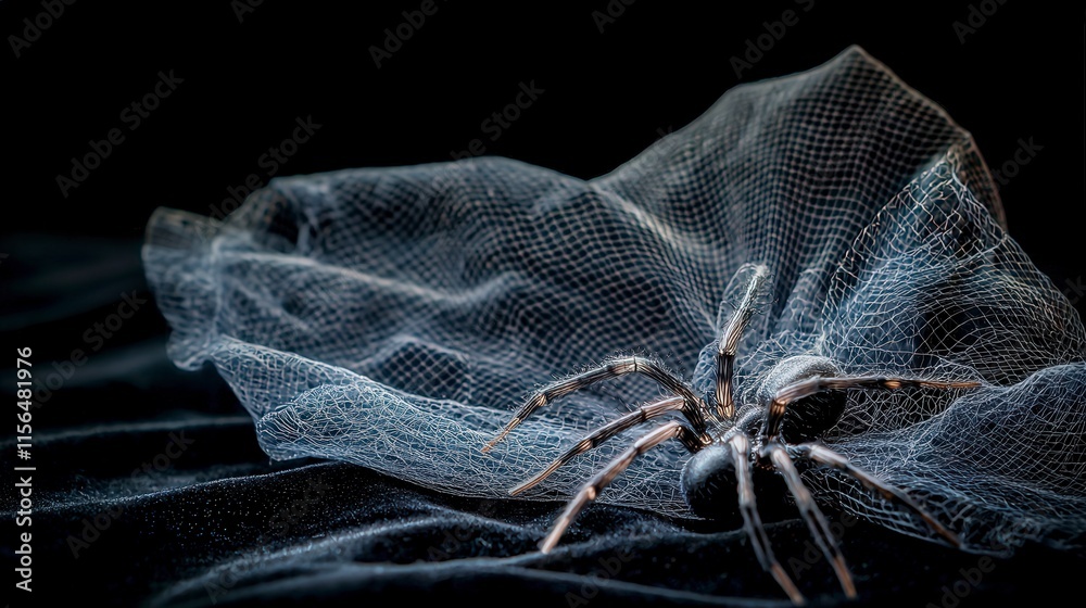 Aufkleber Intricate spider design crafted from fine mesh fabric studio setting macro photography dark background artistic concept