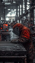 Fototapeta premium Technician Tightening Metal Organizer in High-Tech Manufacturing Environment