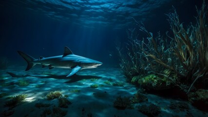 Fototapeta premium Northern River Shark at Night: Gliding Through Moonlit Waters with Bioluminescence