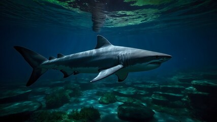 Fototapeta premium Night Scene with Northern River Shark: Swimming Under Moonlight and Bioluminescence