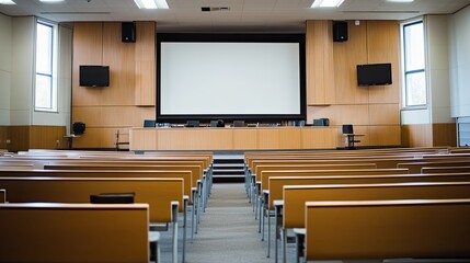Empty lecture hall with large screen and wooden seats