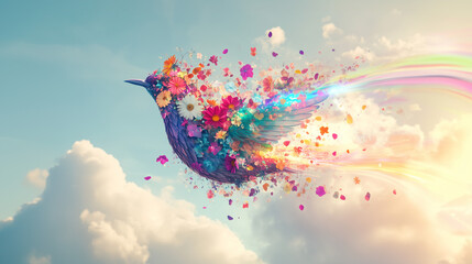 Bird Made of Flowers in Flight