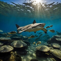 Fototapeta premium Peaceful Waters: Northern River Shark and River Turtles Thriving Together in Freshwater