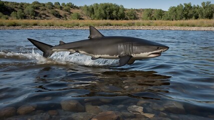 Fototapeta premium Northern River Shark in Motion: Swimming Upstream Against Powerful Currents
