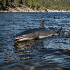 Naklejka premium Northern River Shark Swimming Upstream: Battling the River's Current
