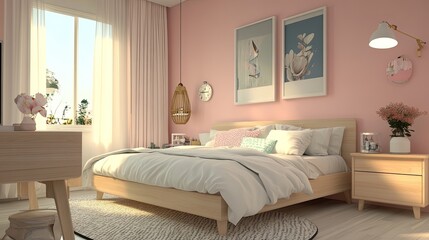 Fototapeta premium Serene Bedroom Design Pastel Pink Walls Wooden Furniture