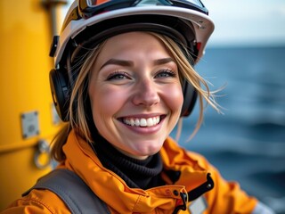 Smiling Woman Offshore Worker in Safety Gear