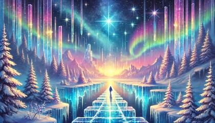 A Magical Ice Bridge Leading to a Glowing Fantasy Realm Beneath a Deep Night Sky