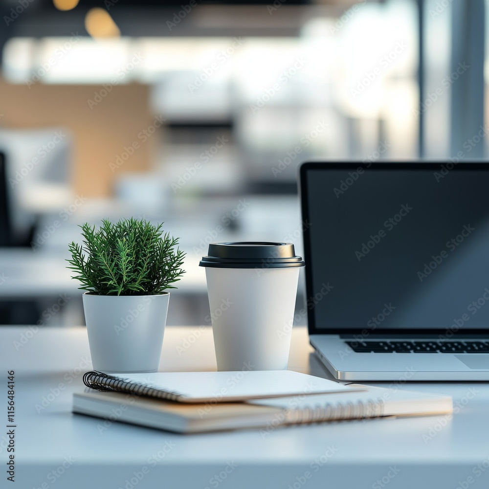 Aufkleber close up view of simple workspace with laptop, notebooks, coffee cup and tree pot on white table wit
