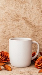 Rustic White Mug  Orange Roses  Autumn Leaves  Cozy Fall Still Life