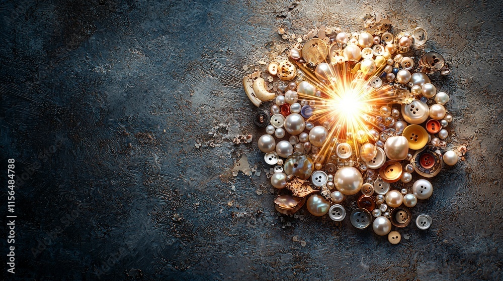 Poster Sunburst creation using pearls and buttons artistic showcase indoor setting close-up view unique design concept